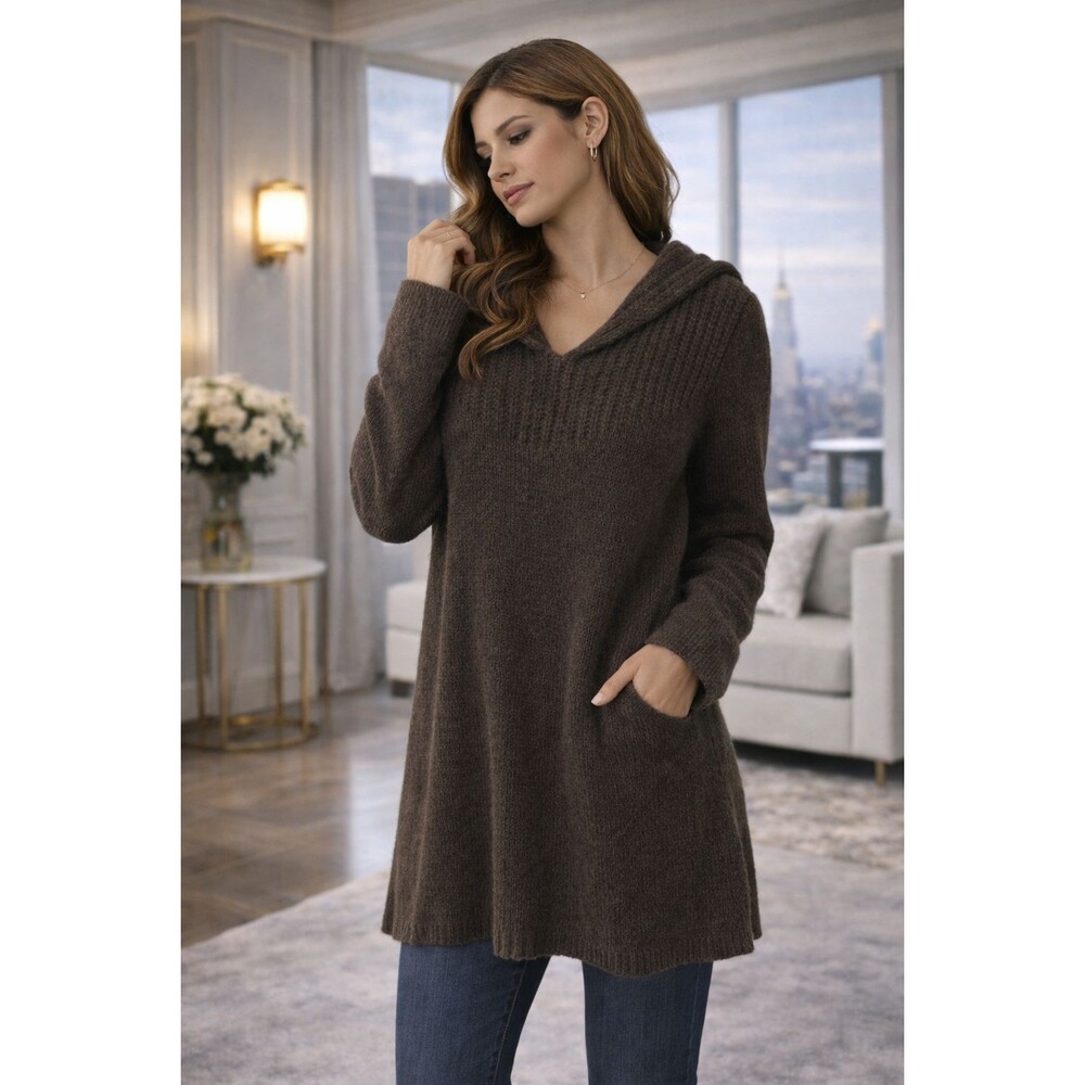 J.CREW 100 % Wool Hooded Sweater Brown Size L Women Cozy Casual Knit